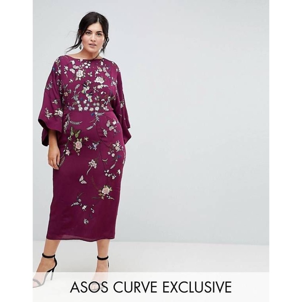 ASKS CURVE Kimono Embroidered Midi Dress